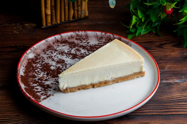 Side view piece of classic cheesecake