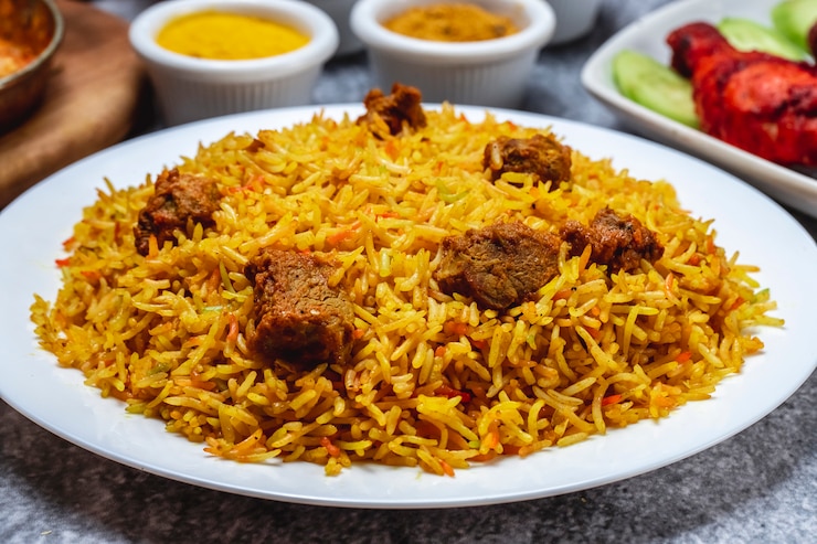 Free Photo side view pilaf with stewed beef meat on a plate