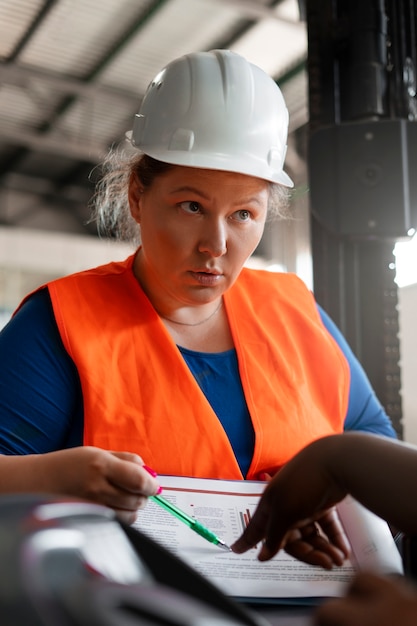 Free photo side view plus-size people working in construction