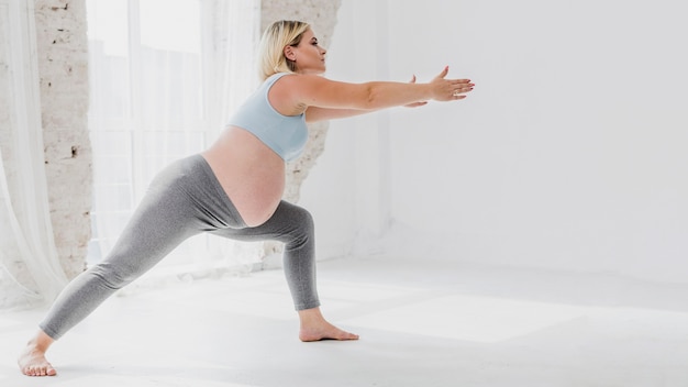 Free photo side view pregnant woman doing exercises