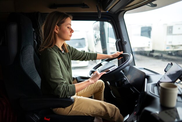 Side view professional female driver in truck