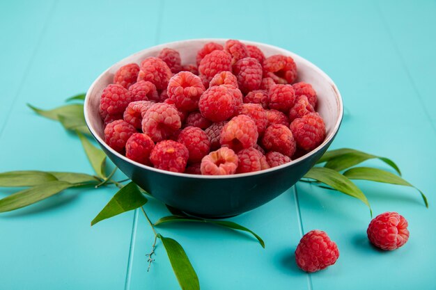 Side view of raspberries in bowl with leaves on blue