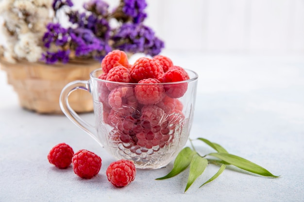 Side view of raspberries in glass cup with flowers and leaves on white