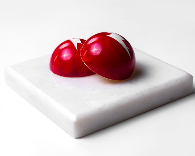 Вид сбоку красная шоколадная конфета на белой подставке