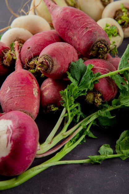 Side view of red radishes with white ones on maroon background