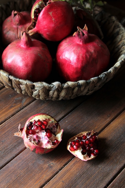 Side view of ripe pomegranate fruits in basket