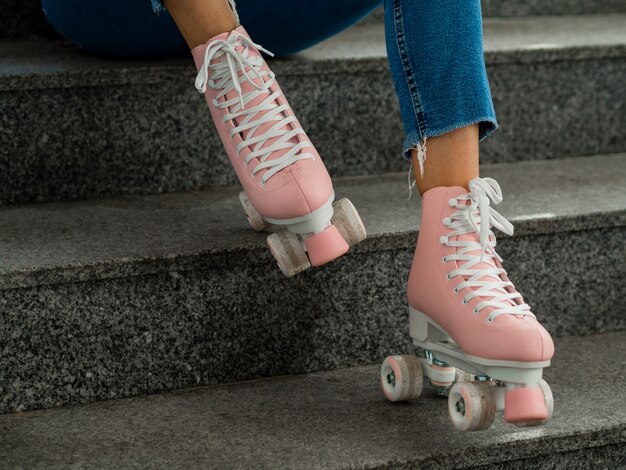 Side view of roller skates and stairs