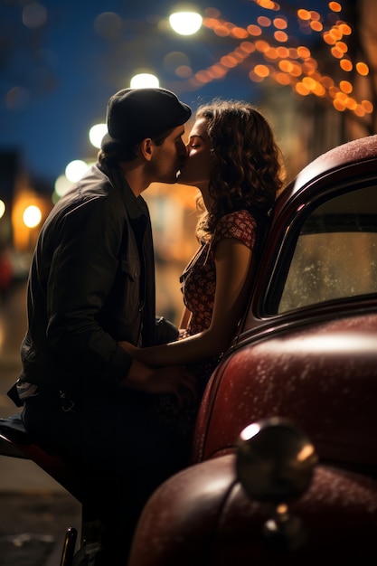 Free photo side view romantic couple kissing