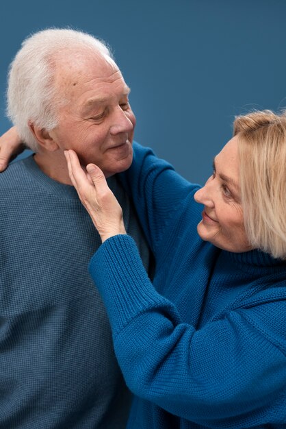 Side view romantic senior couple