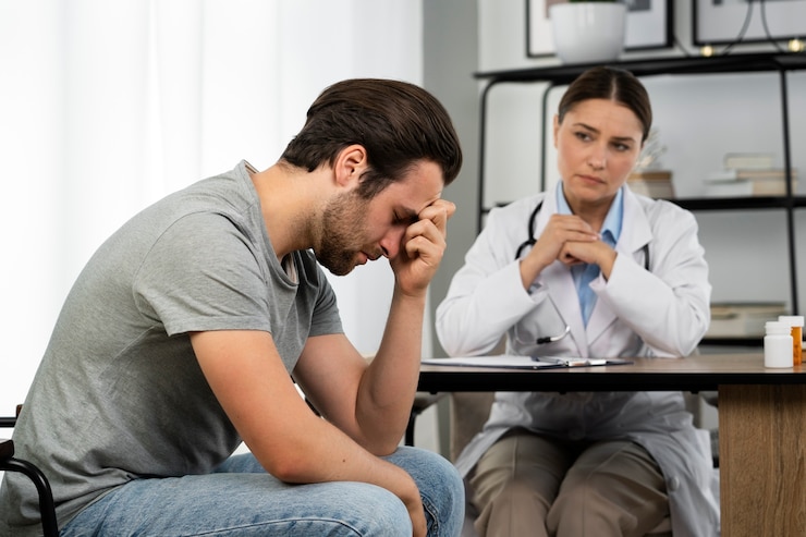 Free Photo side view sad man at doctor's appointment