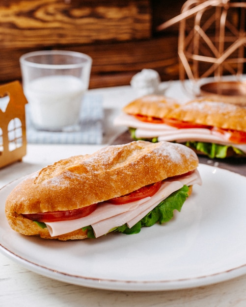 Vista laterale del panino con carne e pomodori sul piatto