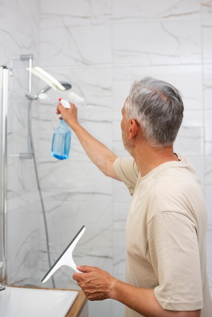 side view senior man cleaning the shower