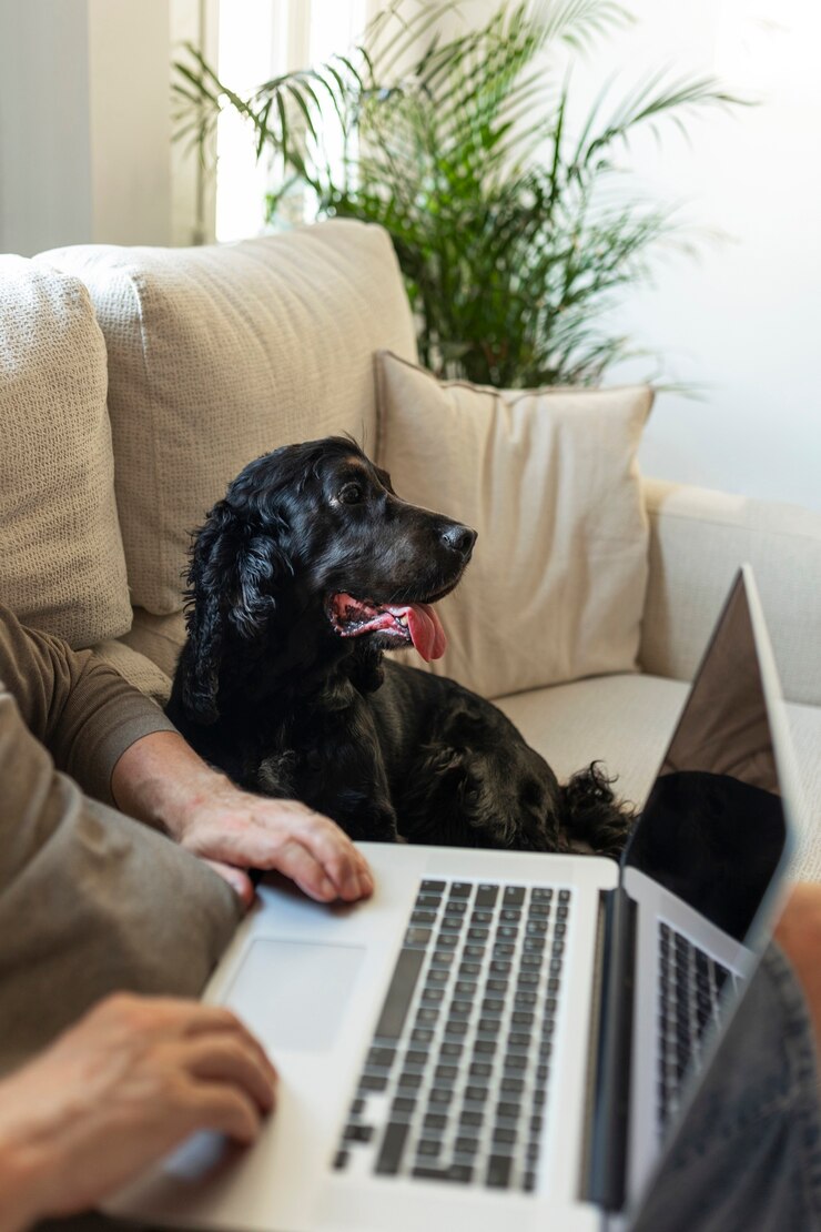 Free Photo side view senior man with dog on couch