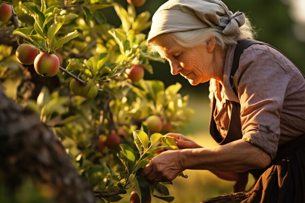 Side view senior woman picking apples