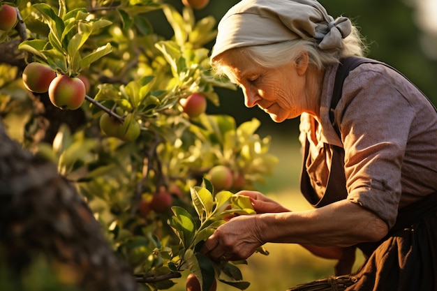 Вид сбоку пожилая женщина собирает яблоки