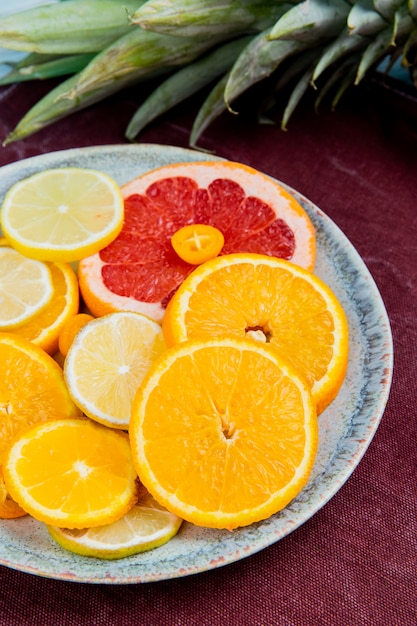 Side view of sliced citrus fruits as lemon tangerine grapefruit kumquat in plate with pineapple on bordo cloth background