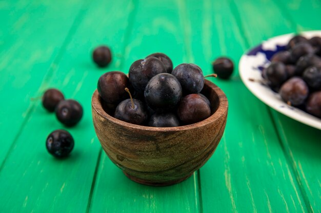 Side view of sloe berries in bowl and in plate on green background