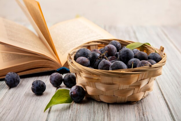 Side view of small bitter wild bluish-black sloes on a bucket on a wooden background