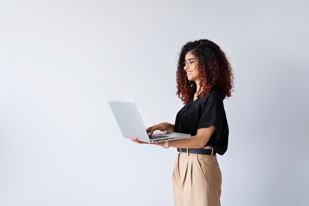 Side view smiley business woman