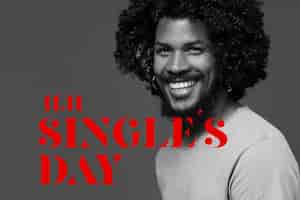 Free photo side view smiley man single's day banner