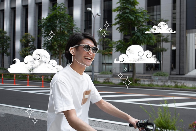 Free photo side view smiley man with bicycle