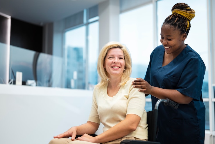 Free Photo side view smiley nurse and patient