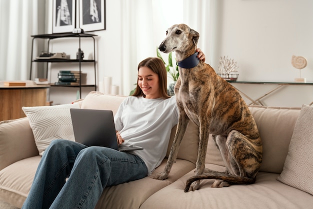 Вид сбоку улыбающаяся женщина и борзая собака на диване