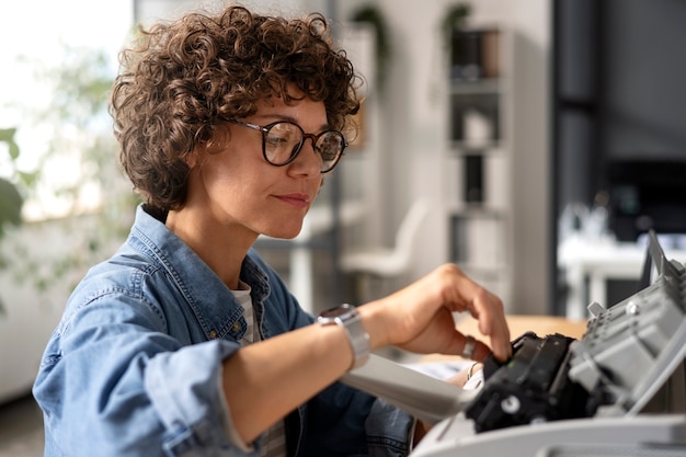 Side view smiley woman using printer