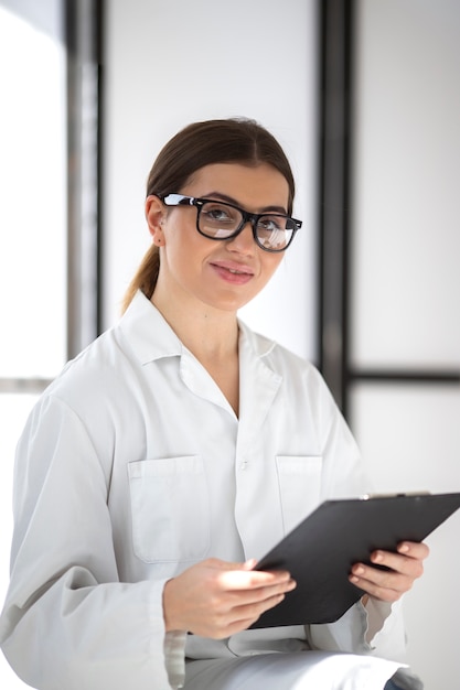 Side view smiley woman wearing glasses