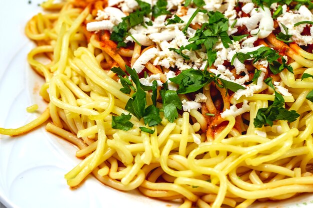 Side view spaghetti bolognese with ground meat tomato sauce white cheese and greens on a plate