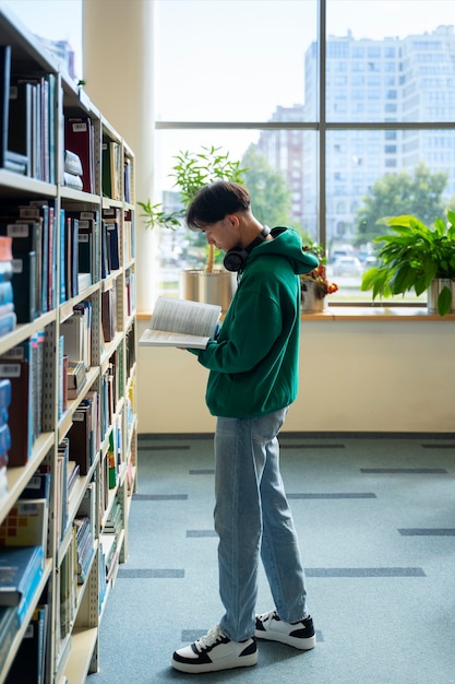 Foto gratuita libro di lettura dello studente di vista laterale