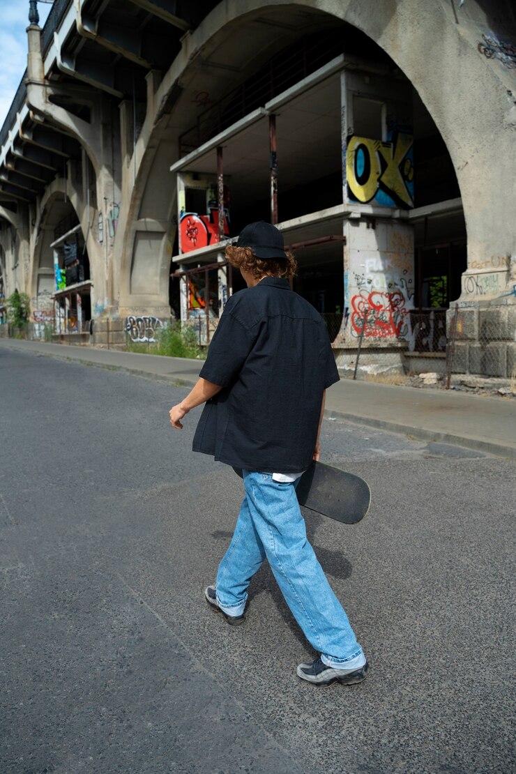 Free Photo side view teen walking with smartphone