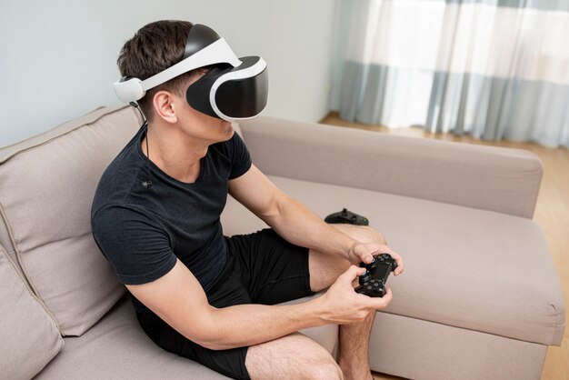 Side view teenager playing in living room