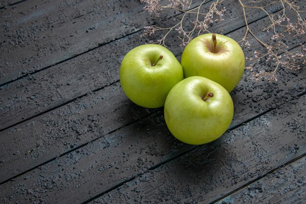 Side view three apples green apples on dark background next to tree branches