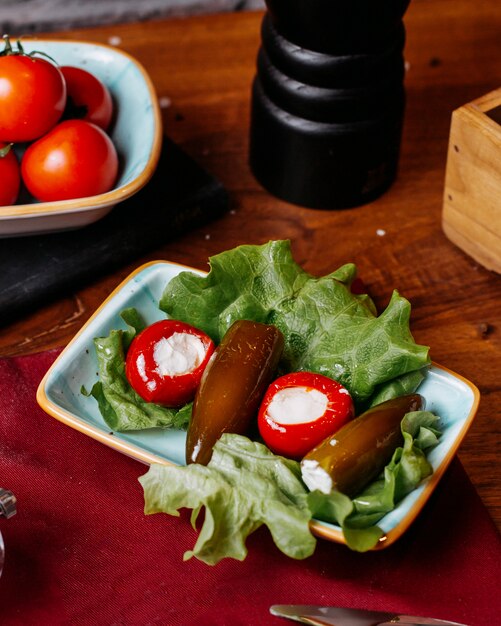 Side view of tomato and eggplant pickles filled with white cheese on a wooden table