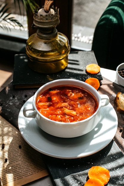 흰 그릇에 고기와 전통적인 러시아 양배추 수프의 측면보기