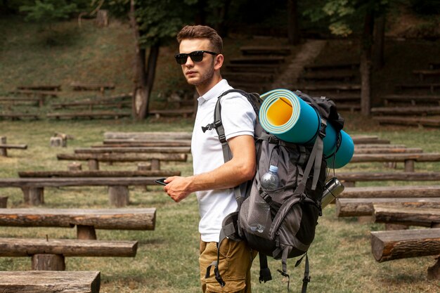 Side view traveler discovered area with benches