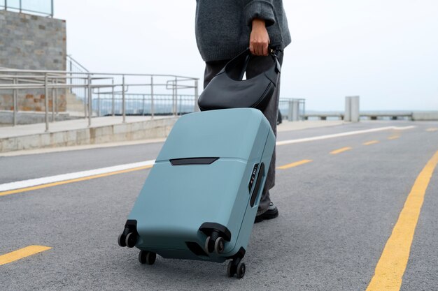 Side view traveler with suitcase