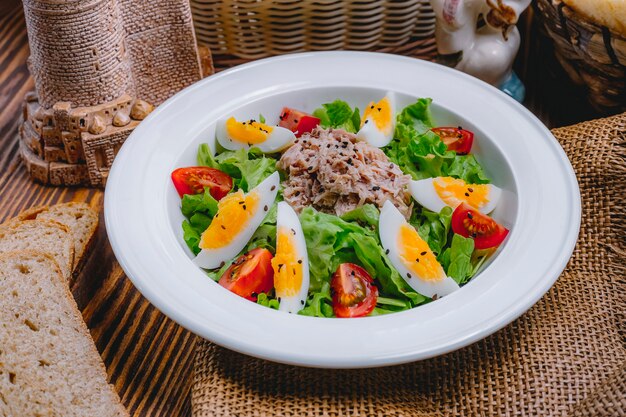 Side view tuna salad with boiled egg tomatoes and lettuce on a plate