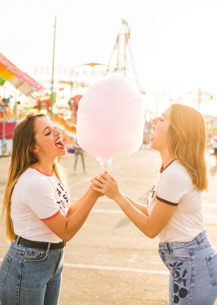 Side view of two female friends eating pink candy floss