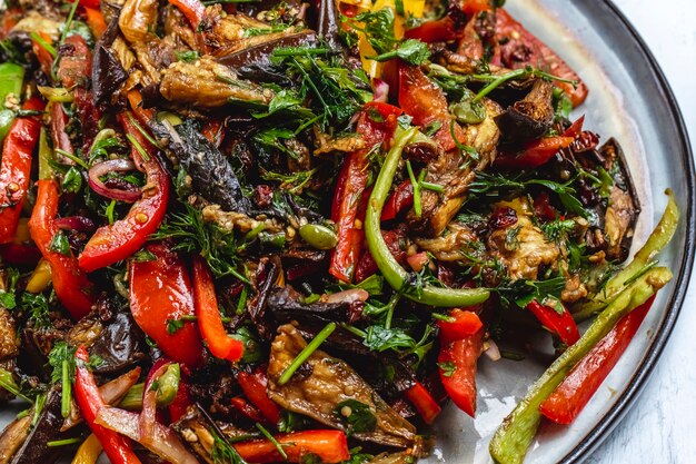 Side view vegetable ragout stewed eggplant onion greens tomato green and red pepper on a plate