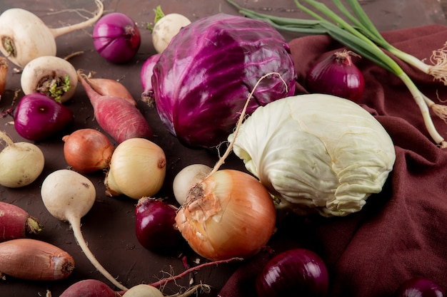 Side view of vegetables as cabbage onion radish scallion on maroon background