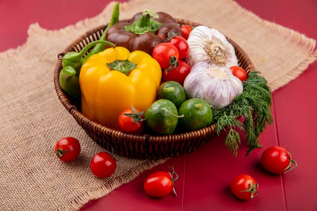 Vista laterale di verdure come pepe cetriolo pomodoro aglio aneto nel carrello su tela di sacco e rosso