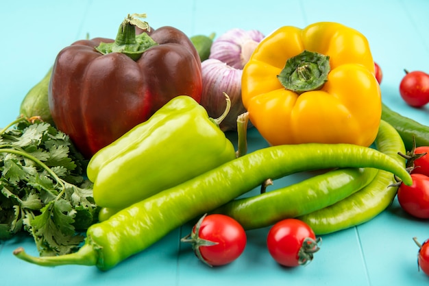 Vista laterale delle verdure come aglio e coriandolo del peperone del cetriolo del pomodoro sull'azzurro