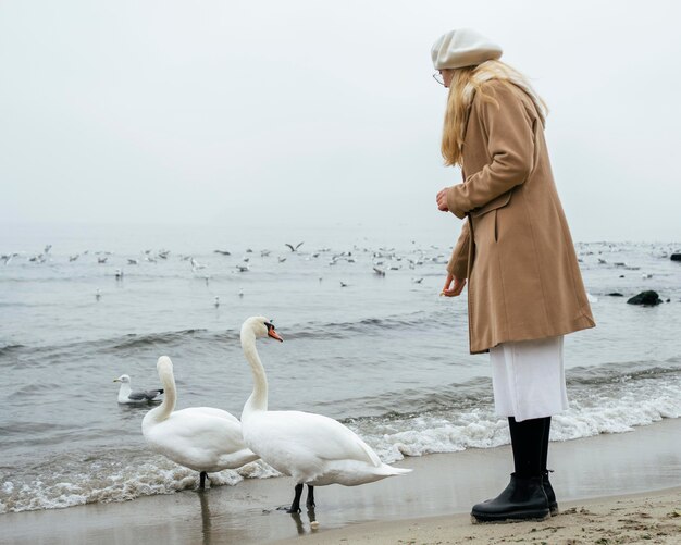 Вид сбоку женщины на пляже зимой с лебедями