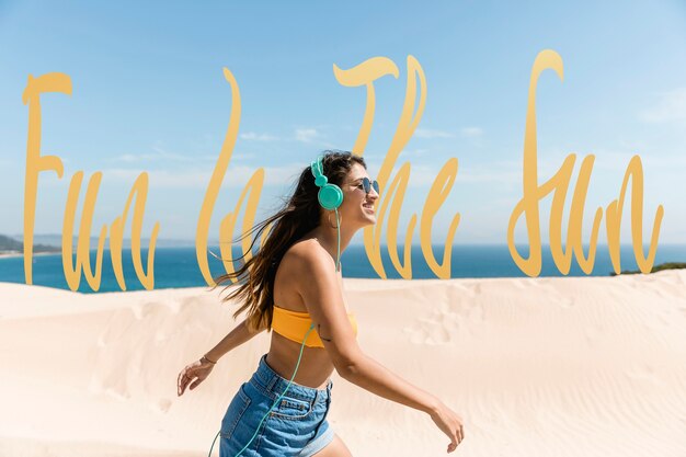 Side view woman at beach with wavy texts