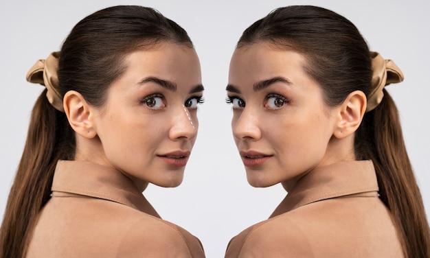 Вид сбоку женщина до и после операции на носу
