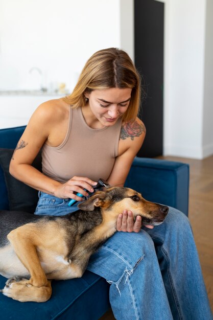 Side View Woman Brushing Dog