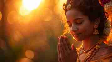 Free photo side view woman celebrating tamil new year