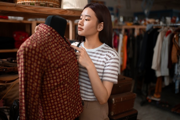 Free photo side view woman checking blazer